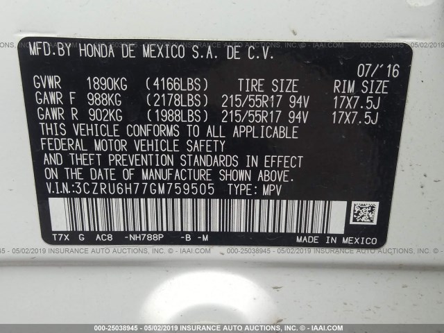 3CZRU6H77GM759505 - 2016 HONDA HR-V EXL WHITE photo 9