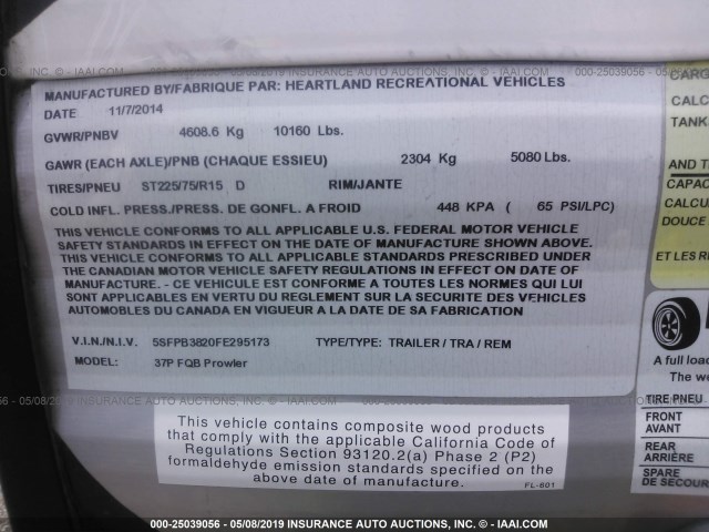 5SFPB3820FE295173 - 2015 HEARTLAND PROWLER  SILVER photo 9