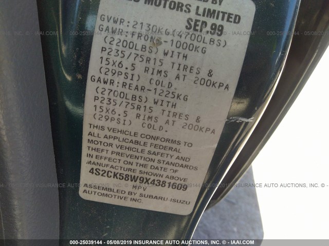 4S2CK58W9X4381609 - 1999 ISUZU RODEO S/LS/LSE GREEN photo 9