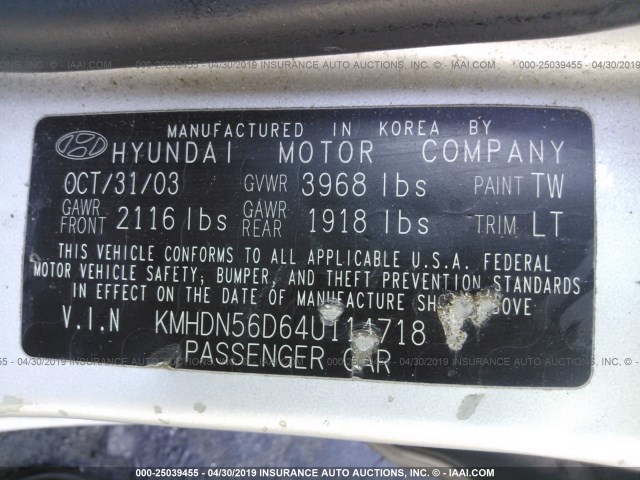 KMHDN56D64U114718 - 2004 HYUNDAI ELANTRA GLS/GT SILVER photo 9