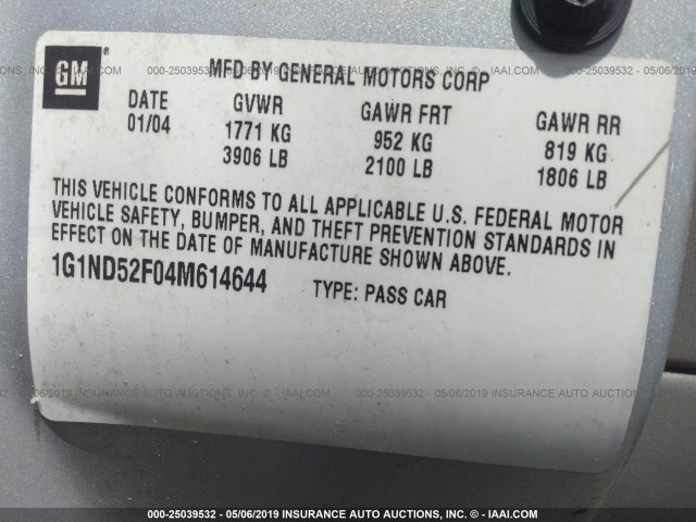 1G1ND52F04M614644 - 2004 CHEVROLET CLASSIC SILVER photo 9