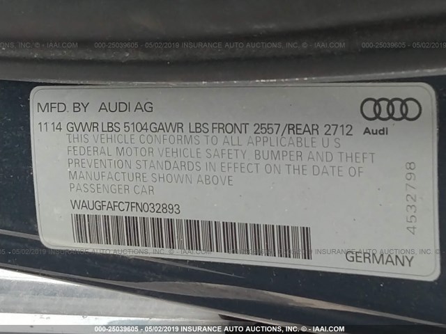 WAUGFAFC7FN032893 - 2015 AUDI A6 PREMIUM PLUS BLUE photo 9