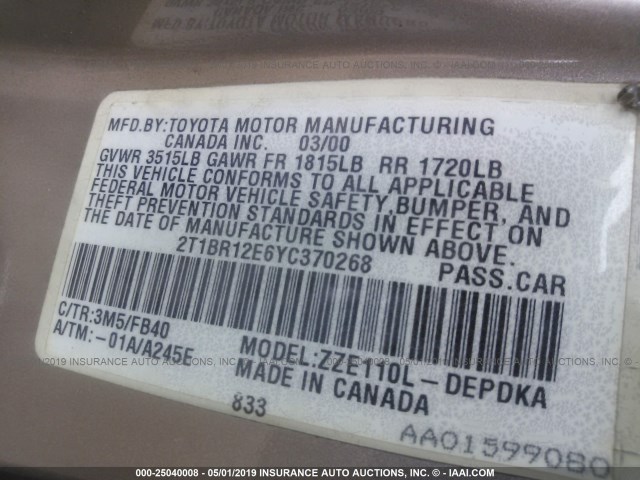2T1BR12E6YC370268 - 2000 TOYOTA COROLLA VE/CE/LE SILVER photo 9