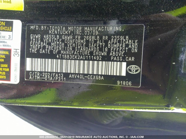 4T1BB3EK2AU111492 - 2010 TOYOTA CAMRY HYBRID BLACK photo 9