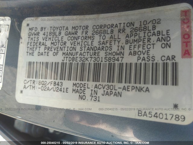 JTDBE32K730158947 - 2003 TOYOTA CAMRY LE/XLE Mavi foto 9