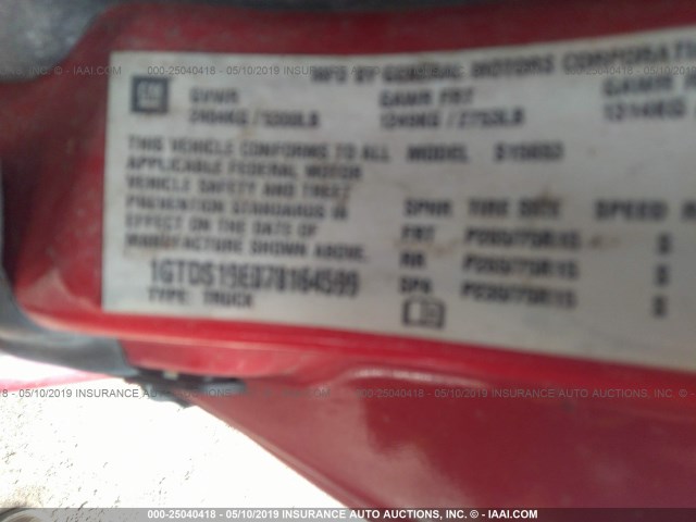 1GTDS19E078164599 - 2007 GMC CANYON RED photo 9