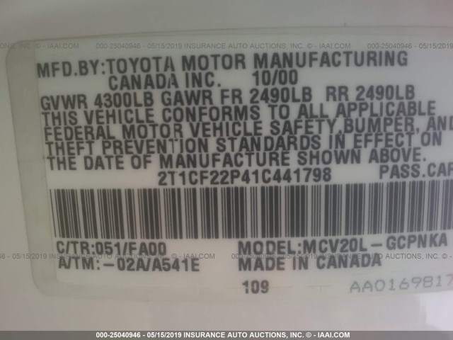 2T1CF22P41C441798 - 2001 TOYOTA CAMRY SOLARA SE/SLE WHITE photo 9