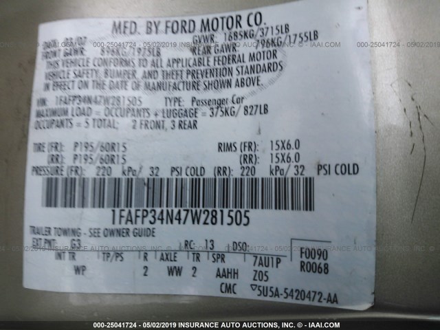 1FAFP34N47W281505 - 2007 FORD FOCUS ZX4/S/SE/SES GOLD photo 9