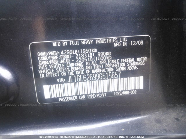 JF1GE62699G515657 - 2009 SUBARU IMPREZA 2.5I BLACK photo 9