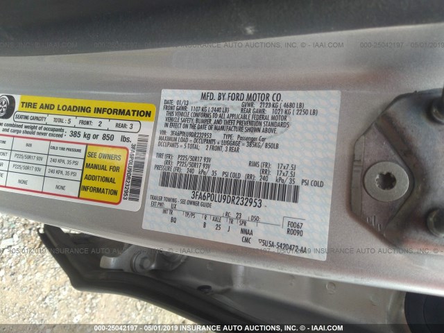 3FA6P0LU9DR232953 - 2013 FORD FUSION SE HYBRID SILVER photo 9