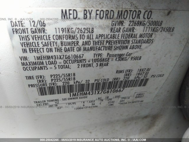 1MEHM431X7G610667 - 2007 MERCURY MONTEGO PREMIER WHITE photo 9