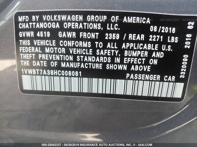 1VWBT7A38HC008081 - 2017 VOLKSWAGEN PASSAT SE GRAY photo 9