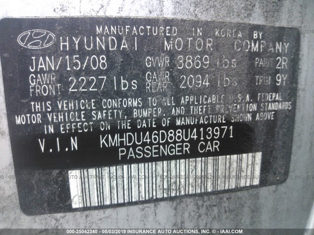 KMHDU46D88U413971 - 2008 HYUNDAI ELANTRA GLS/SE/LIMITED SILVER photo 9