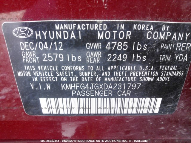 KMHFG4JGXDA231797 - 2013 HYUNDAI AZERA RED photo 9