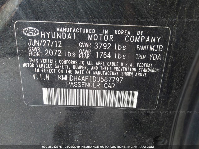 KMHDH4AE1DU587797 - 2013 HYUNDAI ELANTRA GLS/LIMITED BLACK photo 9