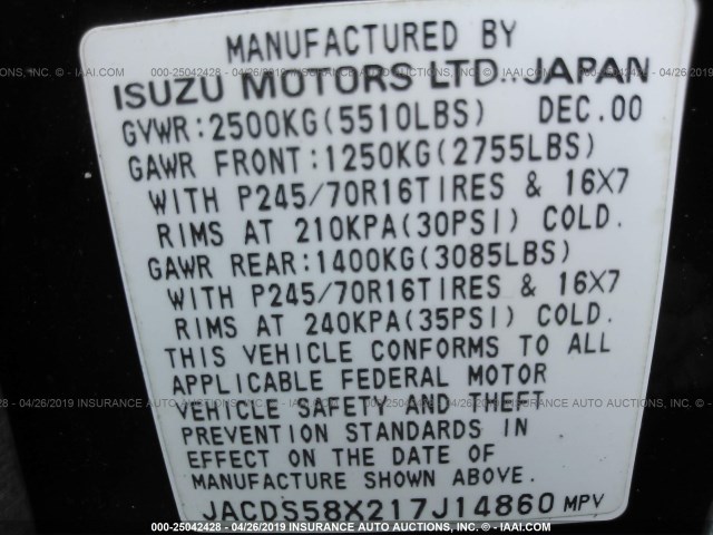 JACDS58X217J14860 - 2001 ISUZU TROOPER S/LS/LIMITED 黑色 照片 9