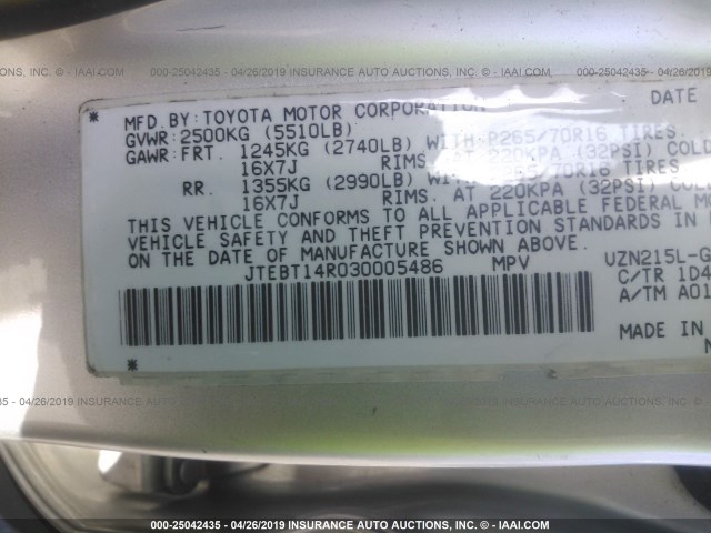 JTEBT14R030005486 - 2003 TOYOTA 4RUNNER SR5/SPORT SILVER photo 9