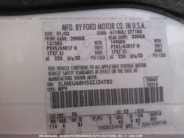 5LMEU68H53ZJ24782 - 2003 LINCOLN AVIATOR Bej foto 9