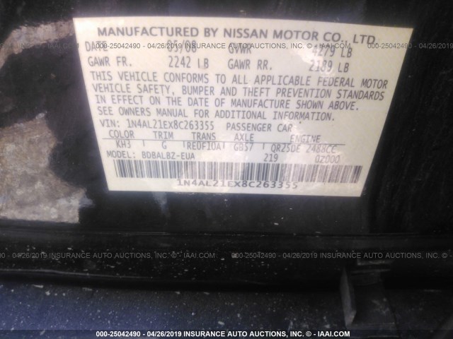 1N4AL21EX8C263355 - 2008 NISSAN ALTIMA 2.5/2.5S BLACK photo 9