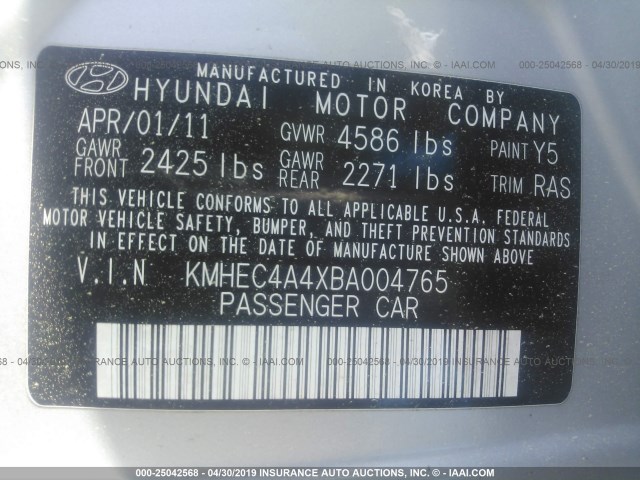 KMHEC4A4XBA004765 - 2011 HYUNDAI SONATA HYBRID SILVER photo 9