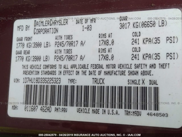 1D7HU18D33S225323 - 2003 DODGE RAM 1500 ST/SLT 栗色 照片 9