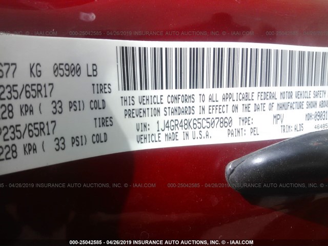 1J4GR48K65C507860 - 2005 JEEP GRAND CHEROKEE LAREDO/COLUMBIA/FREEDOM 栗色 照片 9