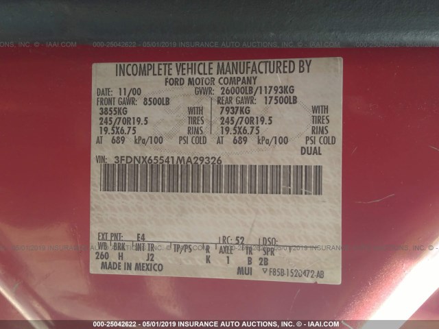 3FDNX65541MA29326 - 2001 FORD F650 RED photo 9