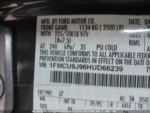 1FMCU9J96HUD66239 - 2017 FORD ESCAPE TITANIUM GRAY photo 9