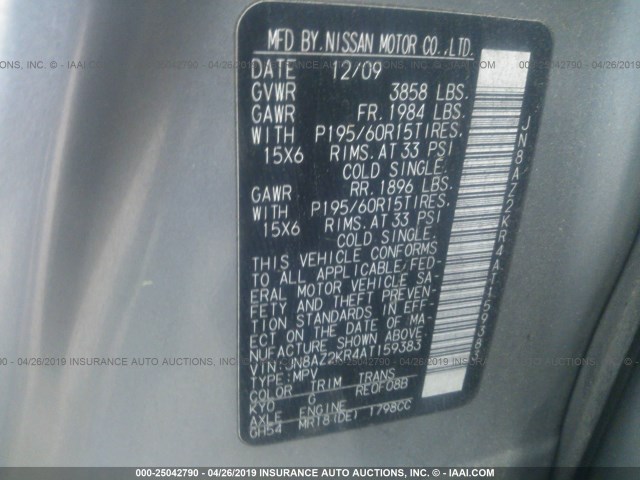 JN8AZ2KR4AT159383 - 2010 NISSAN CUBE S/SL/KROM SILVER photo 9