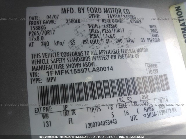 1FMFK15597LA80014 - 2007 FORD EXPEDITION EL XLT SILVER photo 9