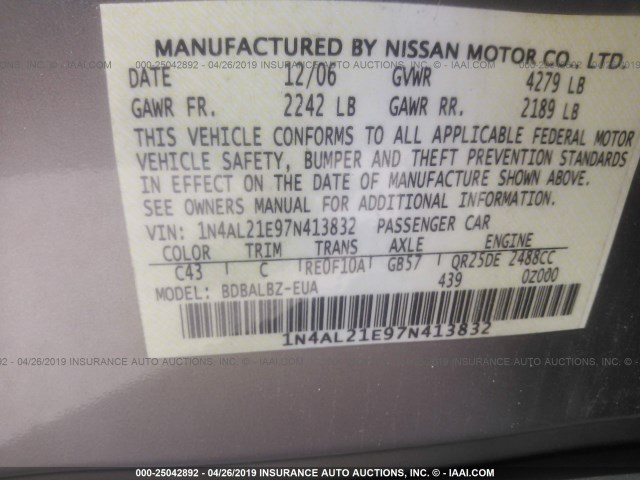 1N4AL21E97N413832 - 2007 NISSAN ALTIMA 2.5/2.5S TAN photo 9