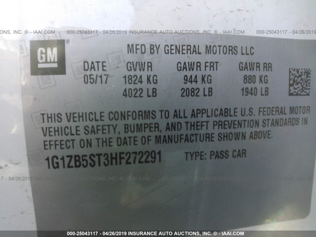 1G1ZB5ST3HF272291 - 2017 CHEVROLET MALIBU LS WHITE photo 9