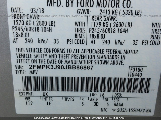 2FMPK3J90JBB86867 - 2018 FORD EDGE SEL SILVER photo 9