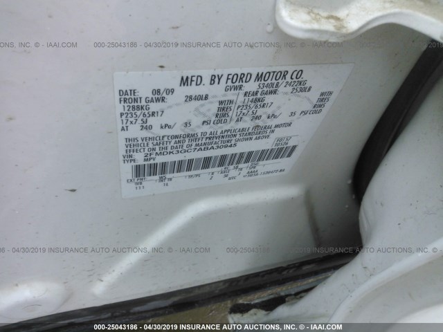 2FMDK3GC7ABA30945 - 2010 FORD EDGE SE WHITE photo 9