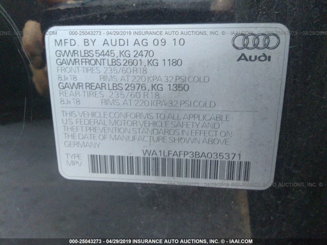 WA1LFAFP3BA035371 - 2011 AUDI Q5 PREMIUM PLUS BLACK photo 9