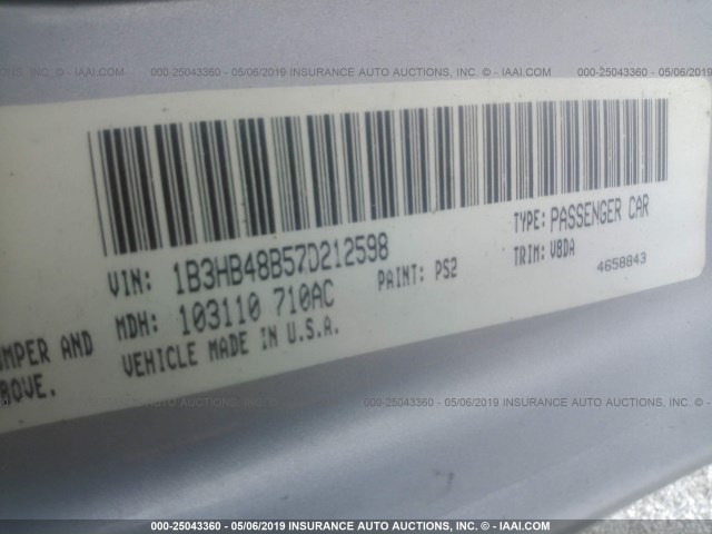 1B3HB48B57D212598 - 2007 DODGE CALIBER SXT SILVER photo 9