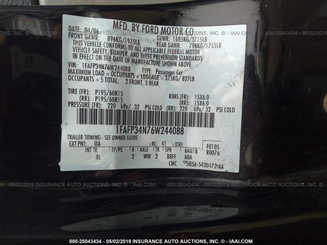 1FAFP34N76W244088 - 2006 FORD FOCUS ZX4 BLACK photo 9