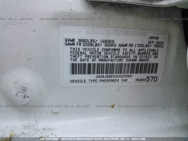 JA3AJ26E63U029580 - 2003 MITSUBISHI LANCER ES WHITE photo 9