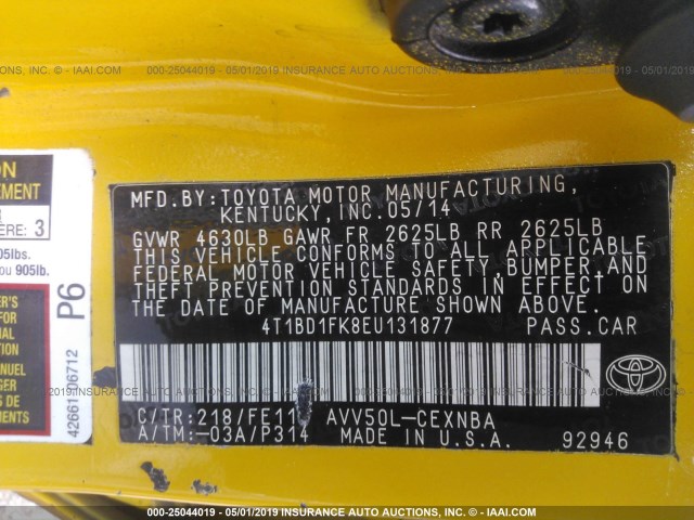 4T1BD1FK8EU131877 - 2014 TOYOTA CAMRY HYBRID/LE/XLE أصفر صورة 9