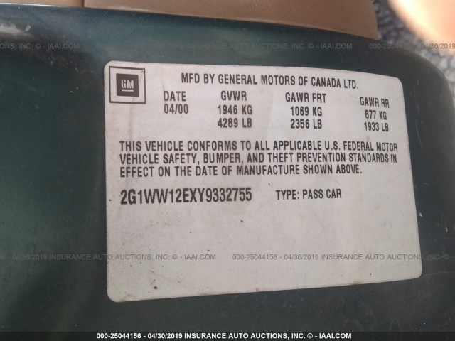 2G1WW12EXY9332755 - 2000 CHEVROLET MONTE CARLO LS მწვანე ფოტო 9