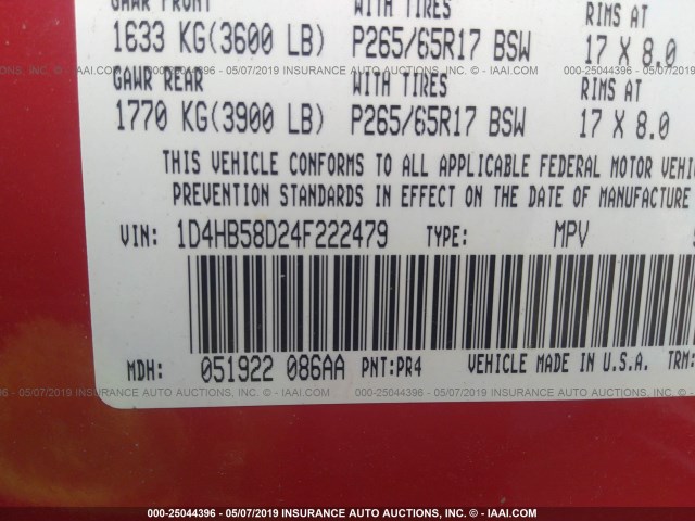 1D4HB58D24F222479 - 2004 DODGE DURANGO LIMITED RED photo 9