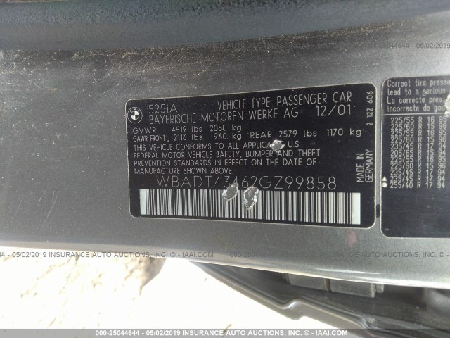 WBADT43462GZ99858 - 2002 BMW 525 I AUTOMATIC SILVER photo 9