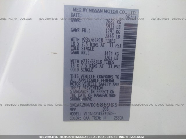 5N1AR2MN7DC686985 - 2013 NISSAN PATHFINDER S/SV/SL/PLATINUM WHITE photo 9