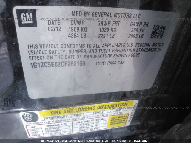 1G1ZC5E02CF282169 - 2012 CHEVROLET MALIBU 1LT 黑色 照片 9