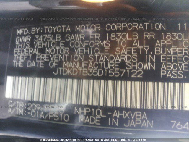 JTDKDTB35D1557122 - 2013 TOYOTA PRIUS C BLACK photo 9