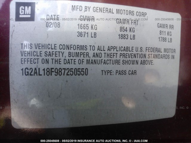 1G2AL18F987250550 - 2008 PONTIAC G5 RED photo 9