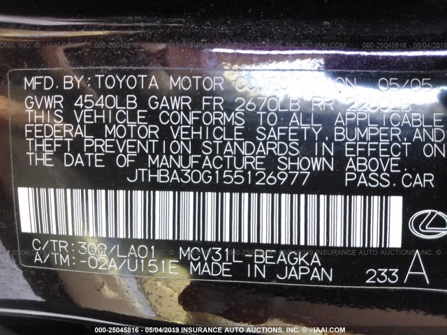 JTHBA30G155126977 - 2005 LEXUS ES 330 MAROON photo 9