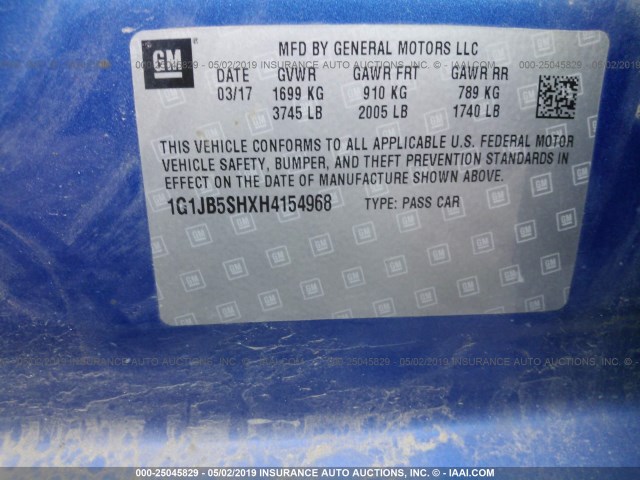 1G1JB5SHXH4154968 - 2017 CHEVROLET SONIC LS BLUE photo 9