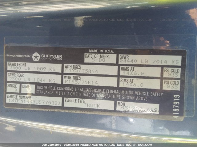 1B7FN14X5JS770323 - 1988 DODGE DAKOTA BLUE photo 9