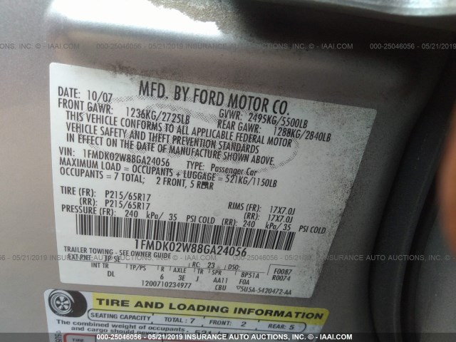 1FMDK02W88GA24056 - 2008 FORD TAURUS X SEL SILVER photo 9